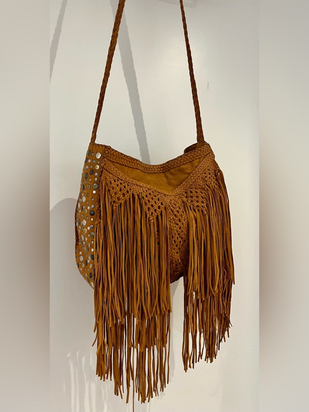 En Shalla Woven Leather Fringe Crossbody Bag Studded Boho Western Festival Camel